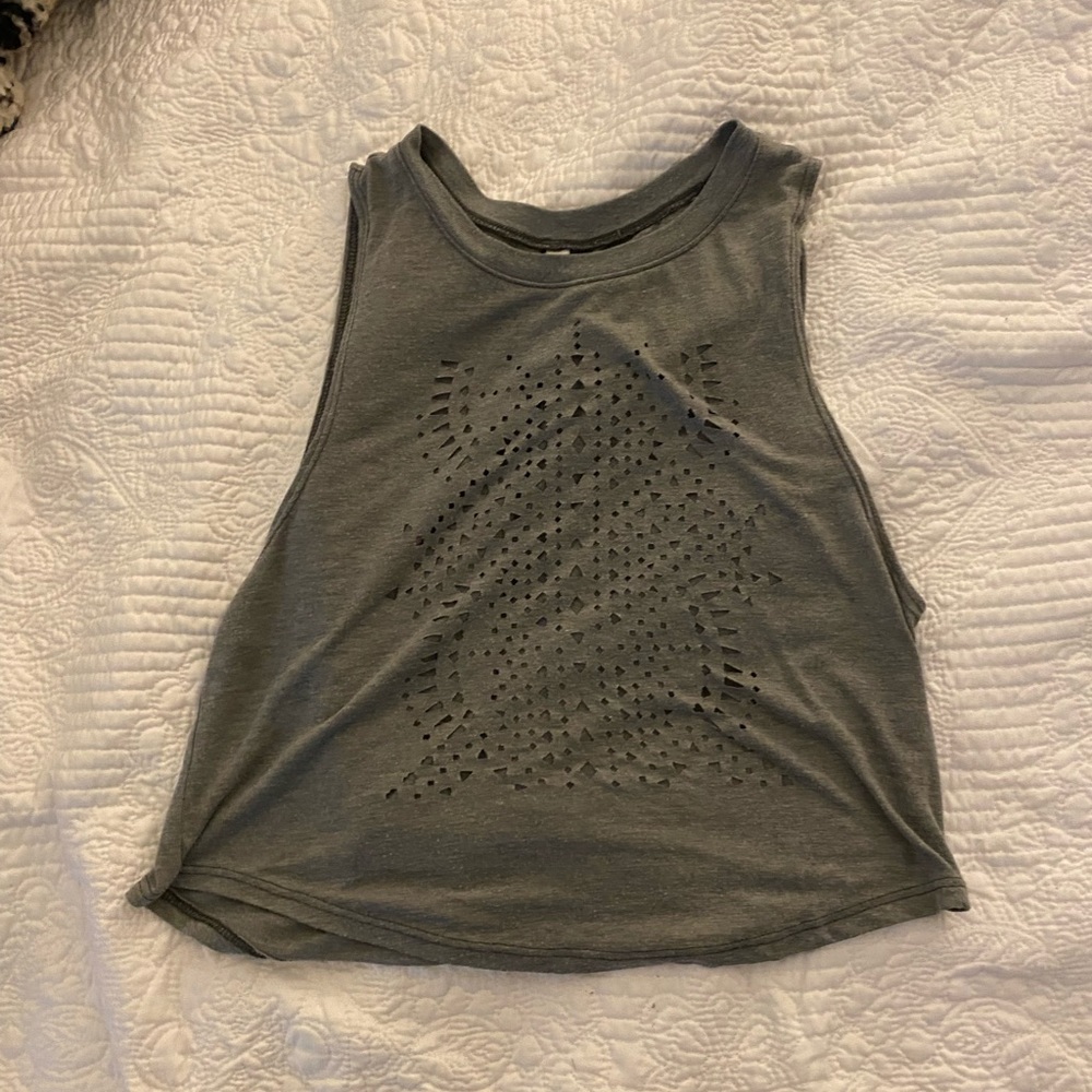 Gray crop tank top with pattern cut-outs